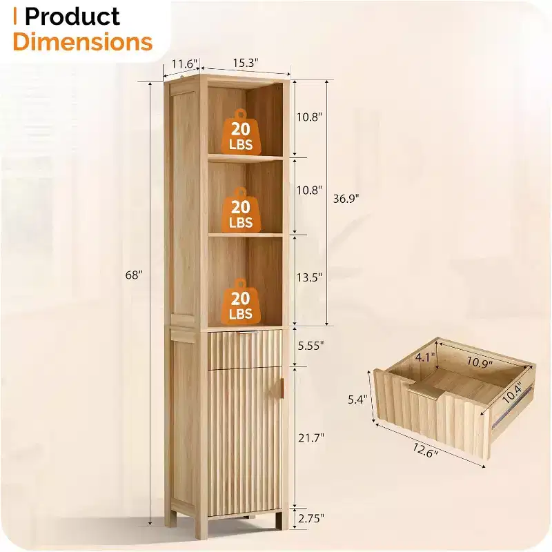 VINGLI Narrow Fluted Bathroom Floor Skinny Storage Cabinet with 1 Fluted Door&Drawer,68 Tall Narrow Slim Bathroom Cabinet Natural Oak Color