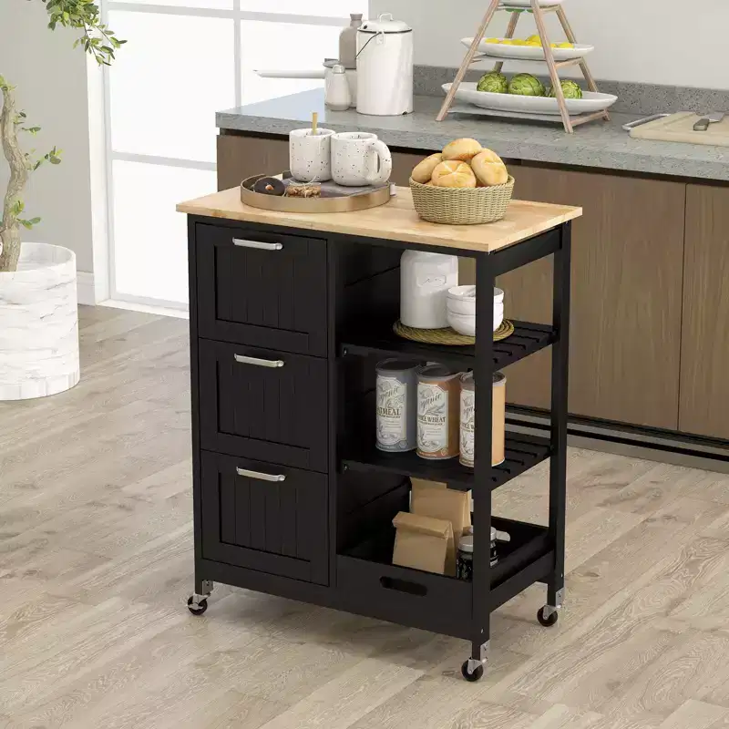 Costway Rolling Kitchen Island Utility Storage Cart w/ 3 Storage Drawers & Shelves White/Black/Grey