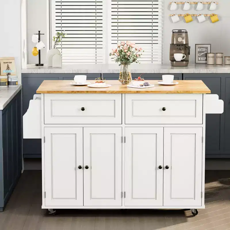 EROMMY 52 Large Kitchen Island Cart, Kitchen Island Cart With Drop Leaf, 2 Drawers & 2 Storage Cabinets