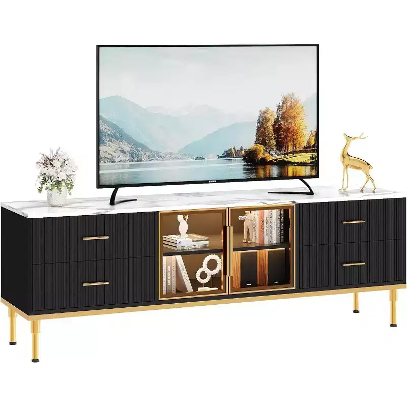 65 Inch TV Stand with LED Lights, Modern Console with 4 Drawers, Shelves & Glass Doors for 55-75 Inch TVs