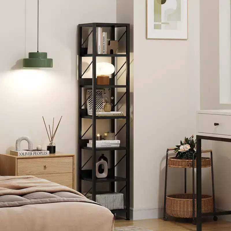 7-layer open bookshelf, mid-century industrial style bookshelf, metal frame, vertical storage display rack, suitable for small space, living room