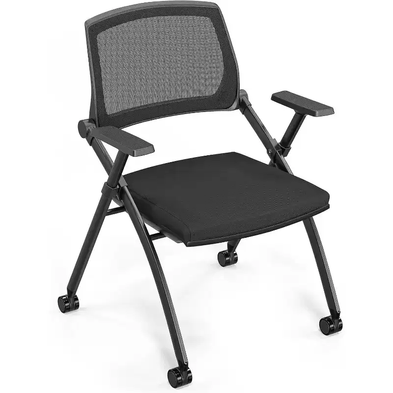 Stackable Conference Room Chair with Wheels, Folding Office Chair with Rebound Back & Padded Seat, Black