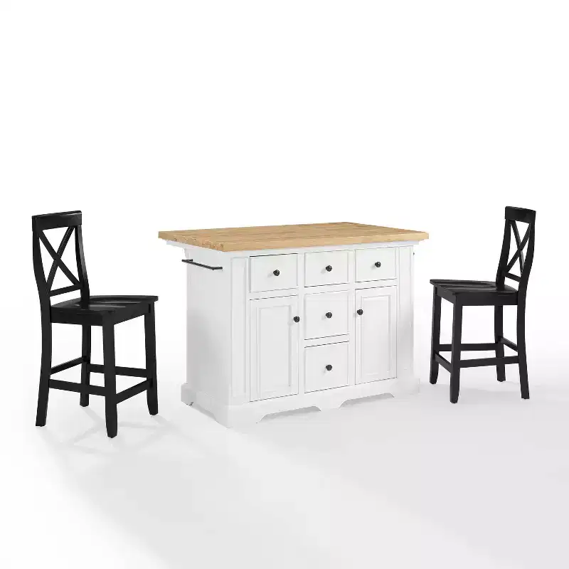 White/Black Wood Top Kitchen Island with 2 X-Back Stools, Seats 2