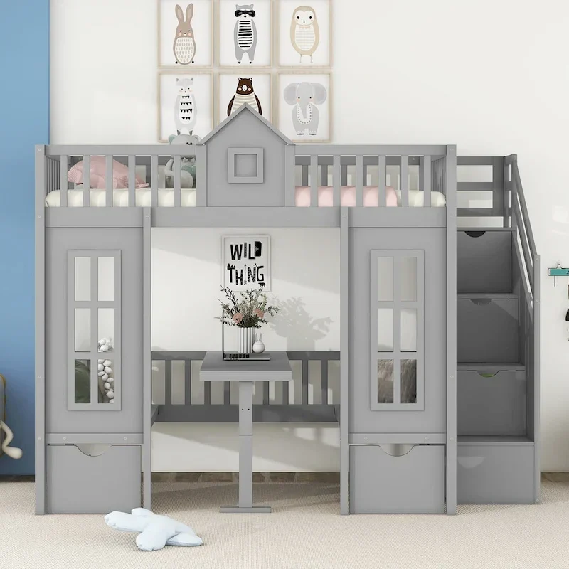 Twin Over Twin Bunk Bed with Convertible Desk - Gray