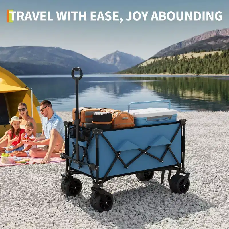 Heavy Duty 35 Extra Large Collapsible Utility Wagon Cart  Collapsible All-Terrain Garden Trolley  350lbs Capacity, Locking Brake, Cup Holders