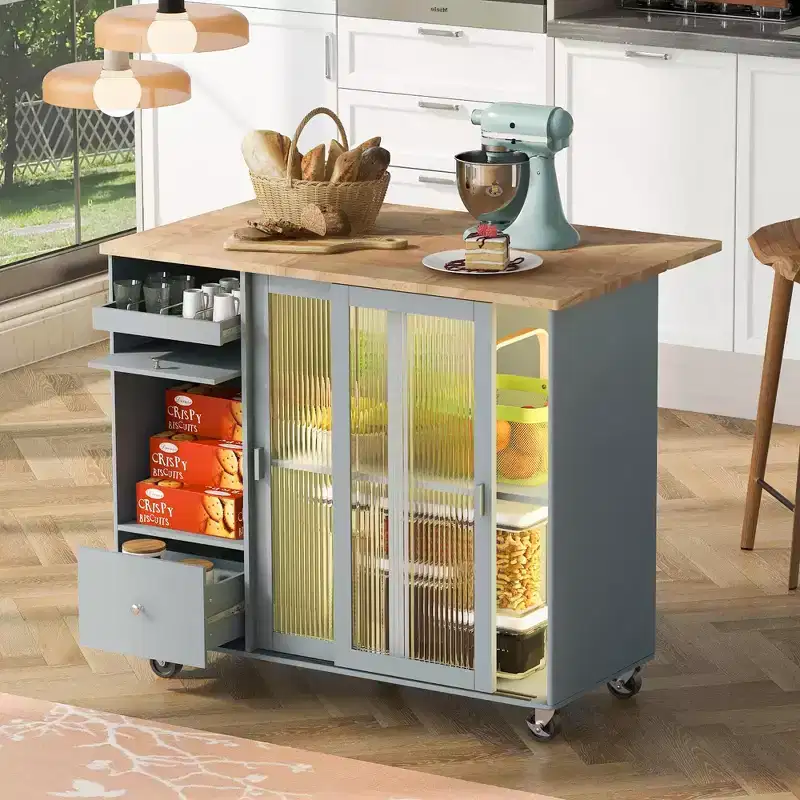 Rolling Kitchen Island Cart with LED Light, Adjustable Shelf Kitchen Island Table with Storage 2 Drawers, Island on Wheels