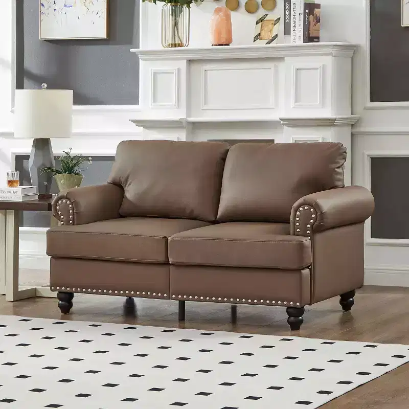 MAYEERTY 59.5 Modern Classic Lovaseater Sofa with Nails Upgolstered Initation Cowhide Leather for Living Room Brown