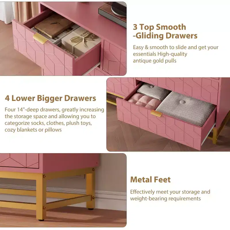 Wood 7-Drawer Dresser with Metal Legs 53.5''W x 31.5''H — White