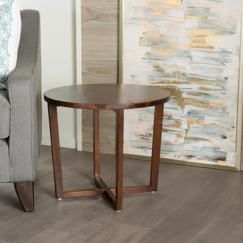 Round Acacia Wood End Table with Mahogany Finish & Cross-Base Legs, 23.25