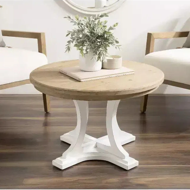 Round Wood Coffee Table, Rustic Brown & White, Criss-Cross Base