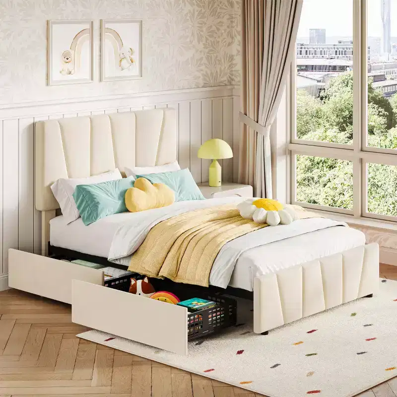 Twin Bed Frame with Adjustable Headboard & 2 Drawers - Velvet Tufted Platform, Wood Slats, No Box Spring, Beige/Cream