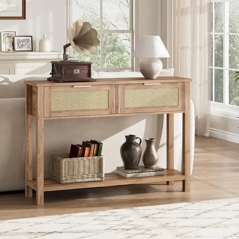 Natural & Brown Rattan 2-Drawer Console Table, 1-Person Assembly