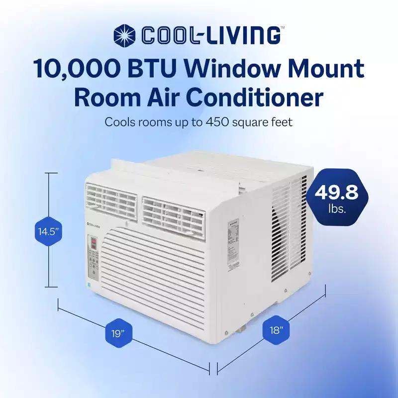 Cool-Living 10,000 BTU Window Mount Room Air Conditioner with Installation Kit and Remote Control, Cools Rooms Up To 450 Square Feet, White