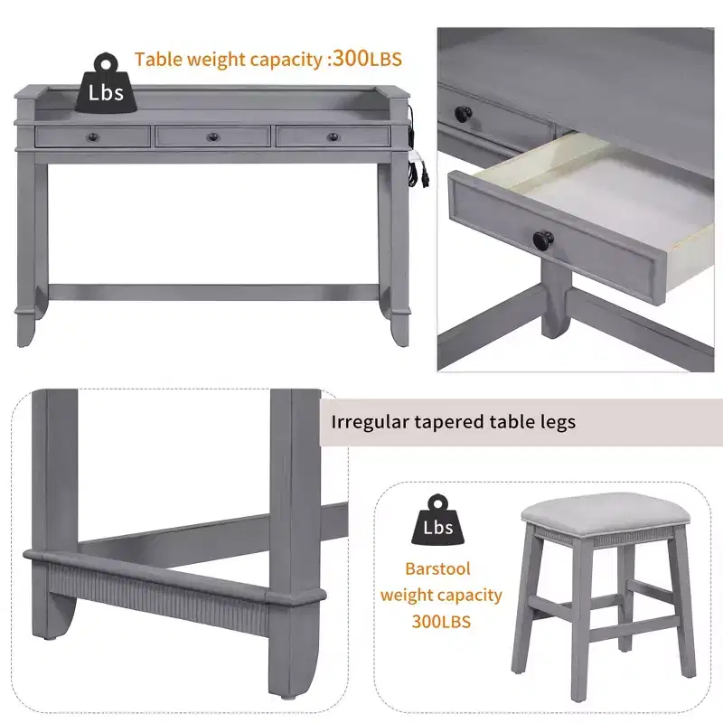 Whisen 4-Piece Dining Bar Table Set with 3 Upholstered Stools and 3 Drawers