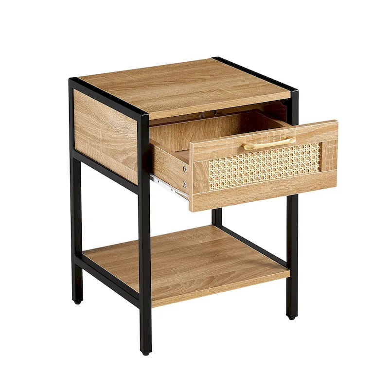 Rattan Side Table with Drawer, Set of 2