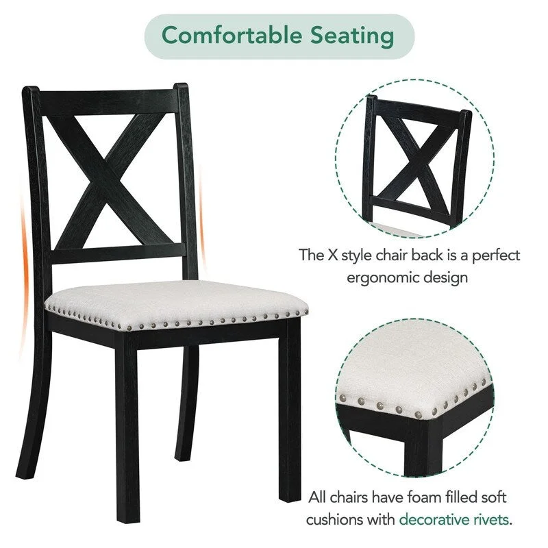 6-Piece Dining Kitchen Table Set, Extendable Wood Dining Table, 4 Upholstered Dining Chairs and Bench, Two 11 Removable Leaf