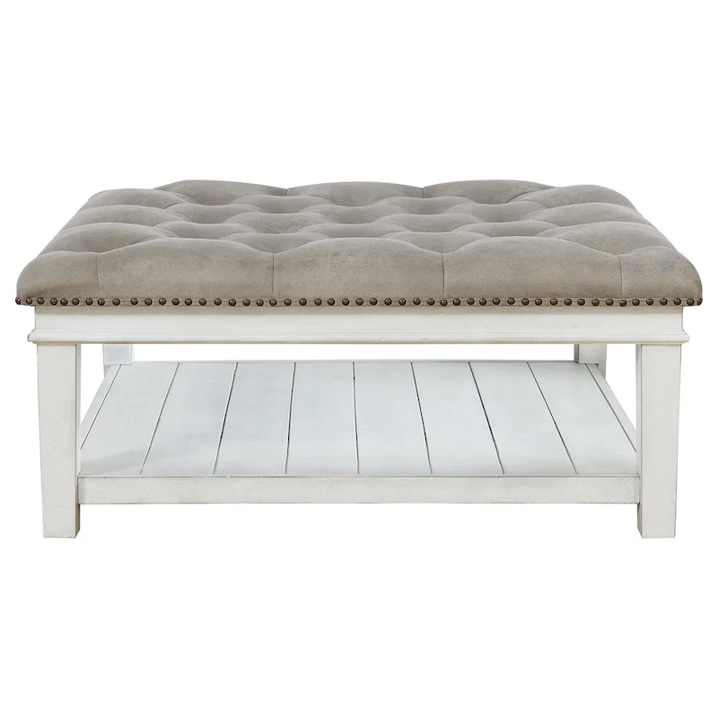 White Square Ottoman Cocktail Table with Lower Shelf, Seats 1