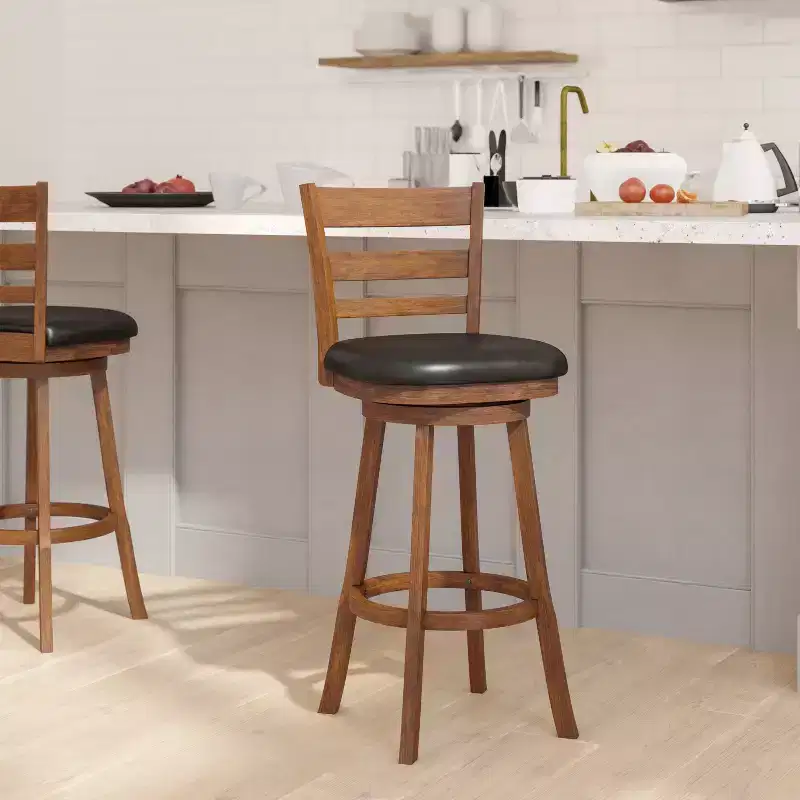 Wooden Ladderback Bar Height Dining Stool – Padded Swivel Seat, 360°, 300 lb Capacity