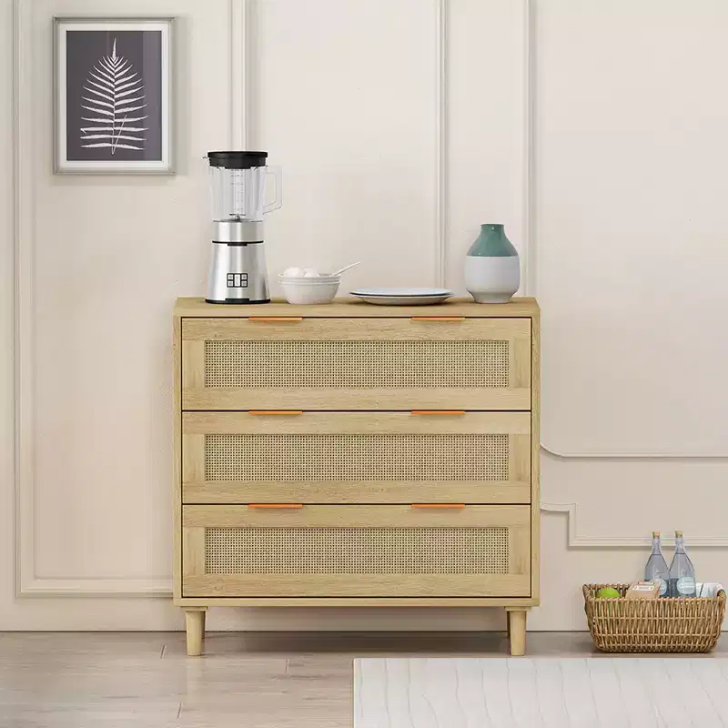 3 Drawer Dresser for Bedroom, Wooden Rattan Dresser Chest of Drawers with Metal Handles, Boho Farmhouse Closet Organizer Oak