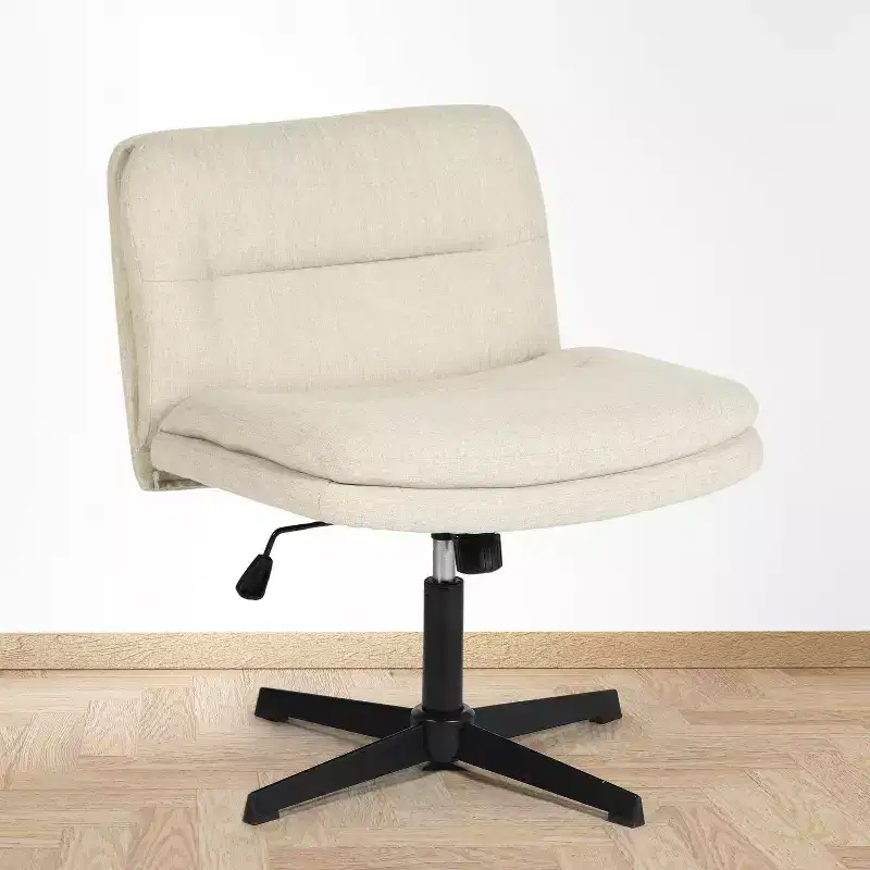 FurnitureR Armless Home Office Desk Chair Without Wheels - Adjustable Swivel Criss Cross Chair, fabric Mid-Back for Bedroom, Vanity, Study, Beige