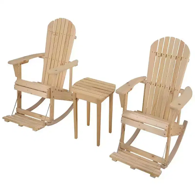 Jiallo Zero Gravity Collection Natural Adirondack Rocking Chair with Built-in Footrest Set of 2 Rocking Chairs and 1 End Table