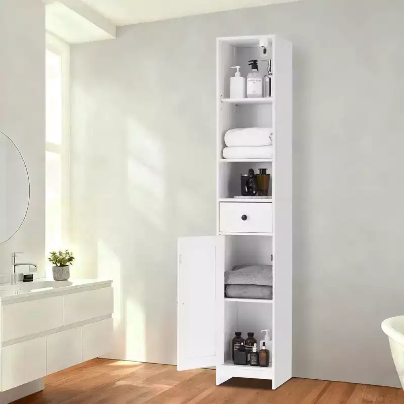 66 in Narrow Storage Cabinet with Single Door and Drawer – Adjustable Shelves for Bathroom, Kitchen, or Living Room
