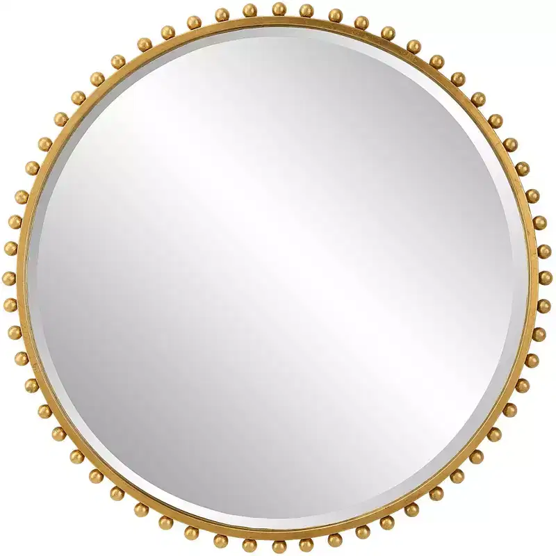 Round Vanity Decorative Wall Mirror Modern Beveled Gold Leaf Iron Frame 32 Wide for Bathroom Bedroom Living Room Home