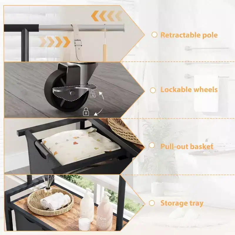Rolling Laundry Sorter Cart with Iron Hanging Rod, 2-Section Metal Utility Shelf, Lockable Wheels, Multi-Pocket Basket for Laundry, Bedroom, Bathroom