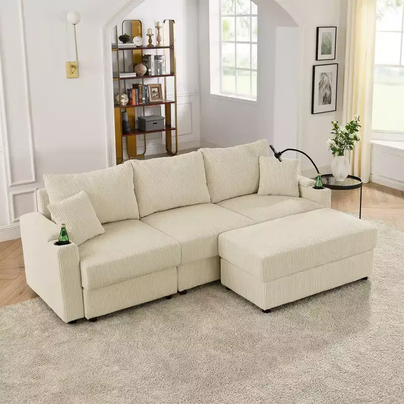 GDFStudio Rod Modern 3 Seater Corduroy 102 Sofa with Cup Holders,Mobile Phone Holder, Armrest Storage and Ottoman