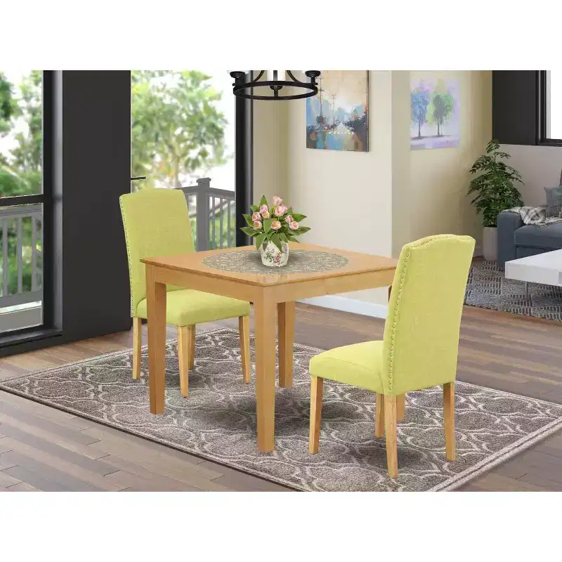 Rustic Dining Set 3Pc Square Table & 2 Parson Chairs - Oak Legs, Linen Fabric - HomeStock
