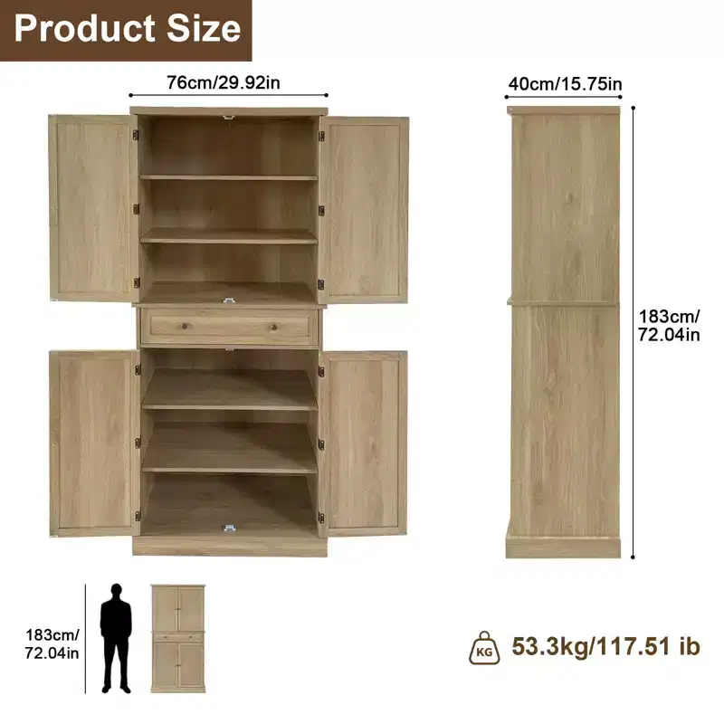 72 Wood Color Farmhouse Pantry Cabinet 4-Door Tall Kitchen Storage with Adjustable Shelves & Drawer for Dining/Living Room