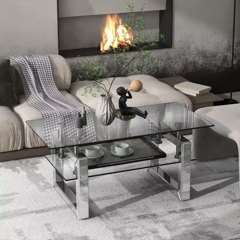 TUYOHW 39.4 2-Tier Coffee Table with Transparent Tempered Glass Top,Industrial Center Table with Metal Legs,Accetn Table for Living Room
