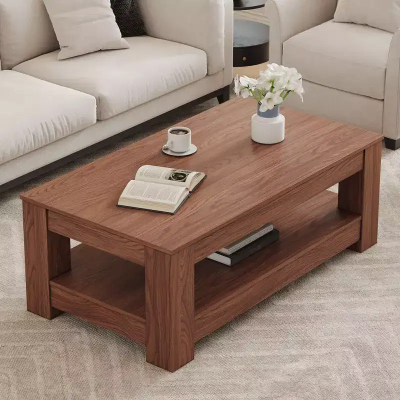 Ora Maison Modern Rectangular Wooden Coffee Table  2-Tier Industrial Center Table, Walnut