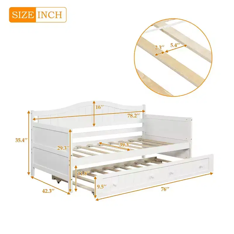 Luxystar Wooden Daybed with Easy-Pull Trundle for Bedroom and Living Room