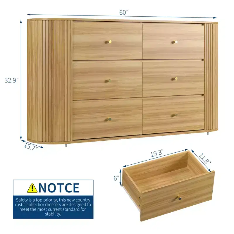 6 Drawer Wooden Dresser with 2 Curved Profile Sliding Doors, 60 Fluted Dresser Mid Century Dresser for Entryway Hallway, Oak
