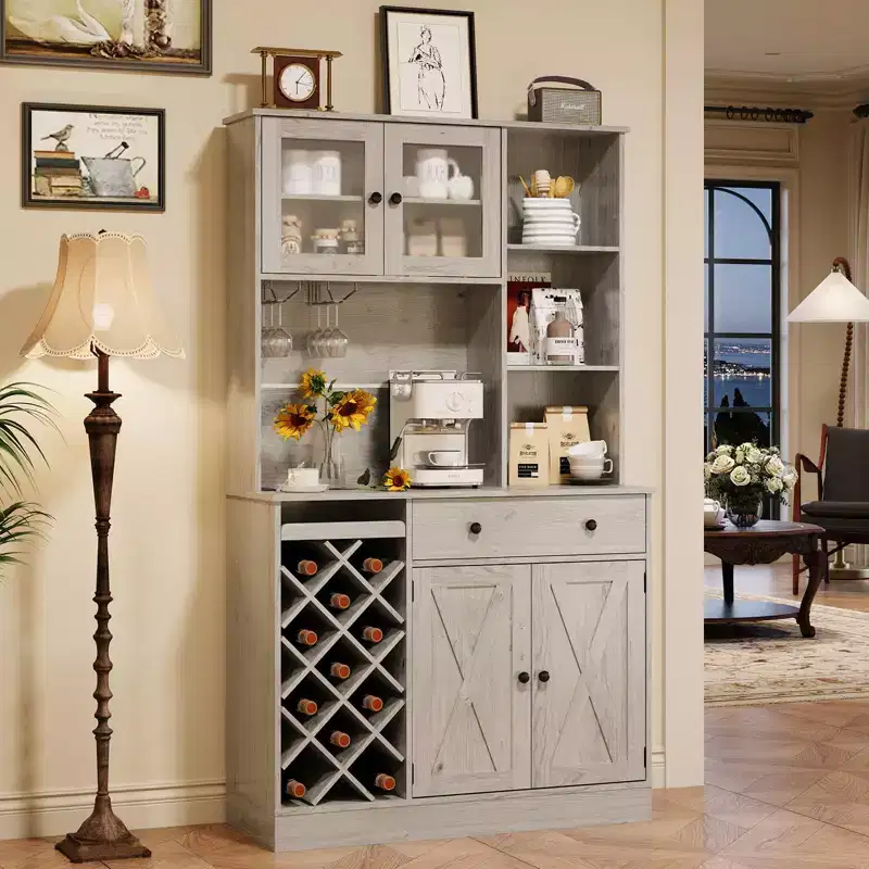 Coffee Bar Cabinet with Power Outlet & Exquisite Barn Doors, Sideboard Buffet Cabinet with Wine Bottle Rack