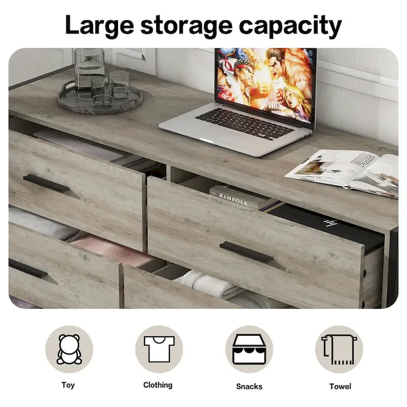 Wood Dresser with 6 Drawers, Solid Clothes Cabinet with Sturdy Steel Frame, 48.58W15.75D31.22H, 48 inch, Rustic Grey