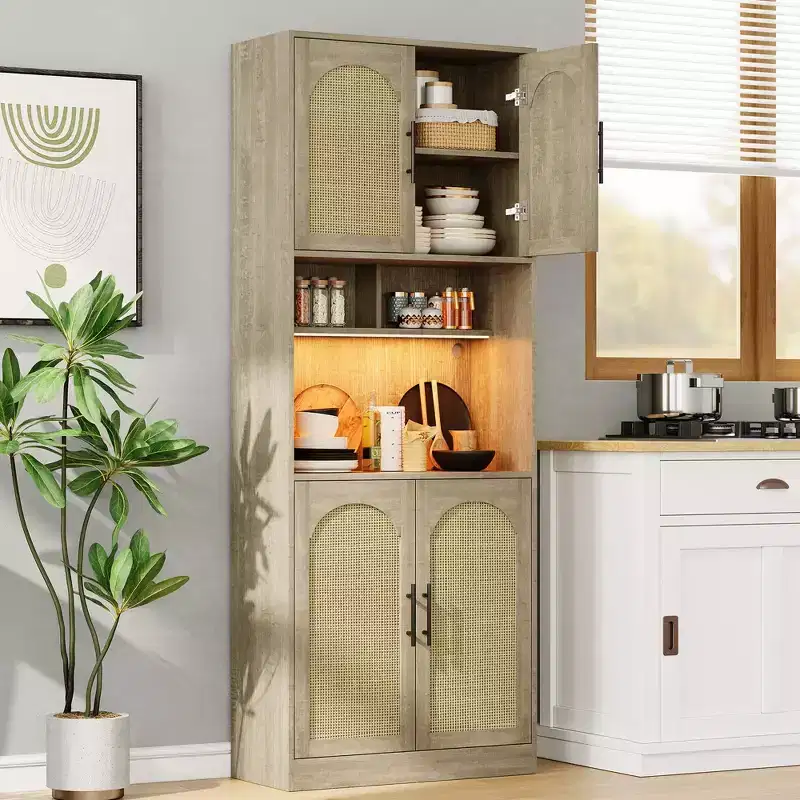 70.9-Inch Tall Kitchen Pantry Cabinet RGB Light Rattan Door Microwave Stand