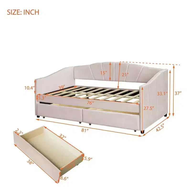 Upholstered daybed Twin Size with Two Drawers and Wood Slat Beige