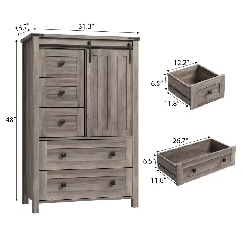 Farmhouse 5-Drawer Dresser, 48 Tall Wood Chest with Sliding Barn Door & Adjustable Shelf, Storage Organizer, Grey