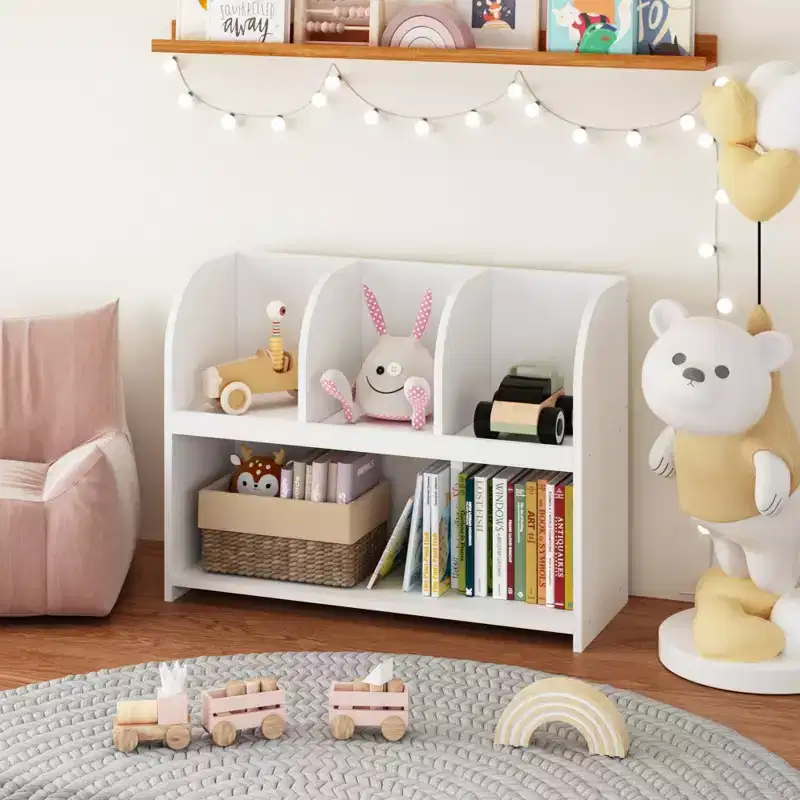 VIYET 24 Kids 4-Compartment Bookcase, White MDF Storage Display Rack (Anti-Tipping Toy Organizer for Playroom/Nursery)
