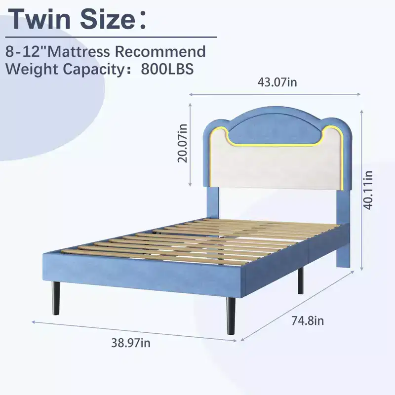 Twin Size Upholstered Bed Frame with Fabric Headboard, Princess Platform Bed for Girls with Wood Slats, No Box Spring Needed