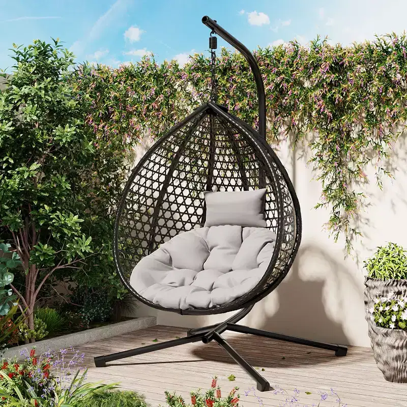 GDFStudio Anderson Hanging Egg Rattan Chair with Stand and Soft Removable Cushion