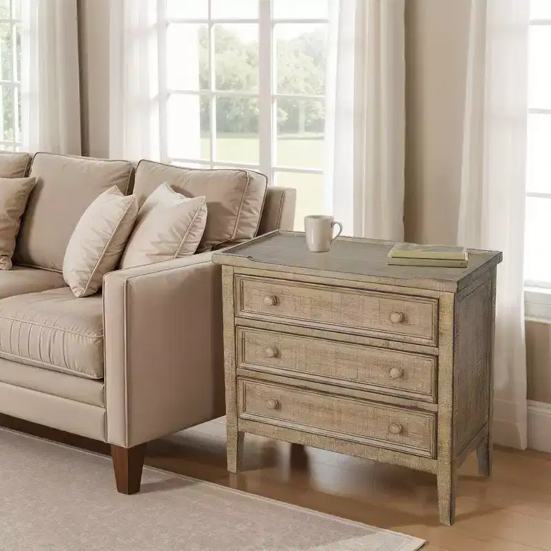 3-Drawer Side End Table – Brown Mahogany Wood
