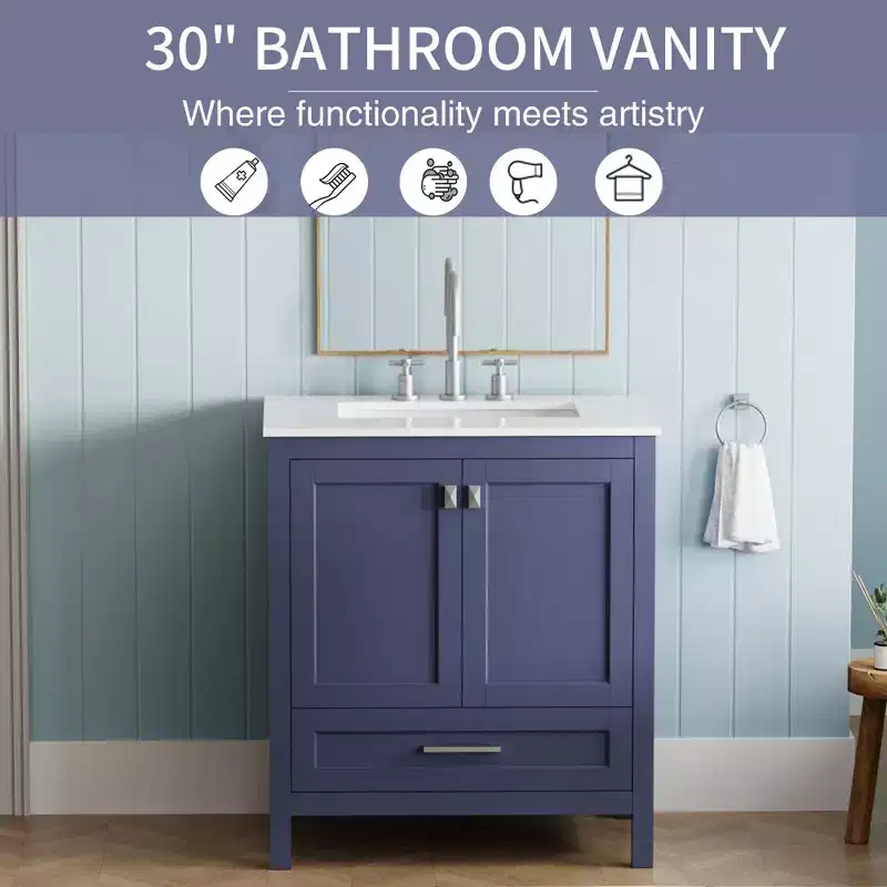 30 Bathroom Vanity with Sink, Freestanding Double Door Cabinet with 1 Drawer and Solid Surface Top, Fully Assembled for Home Apartment