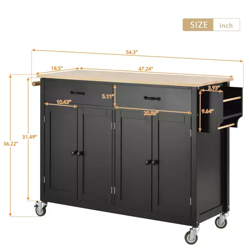 Whisen Modern Wood Kitchen Island with Spice Rack and Drawers