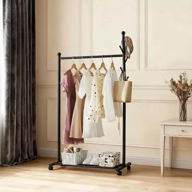 Metal Coat Rack with Wheels, Rolling Closet Rack with Wheels, Coat Rack Freestanding for Corner Bedroom Hallway Entryway Living Room