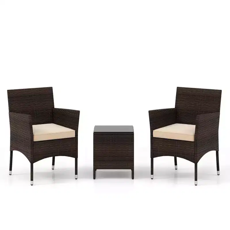 Costway 3 PCS Outdoor Conversation Set with Cushioned Seat & Tempered Glass Tabletop Beige/Black/Gray/Red/Navy