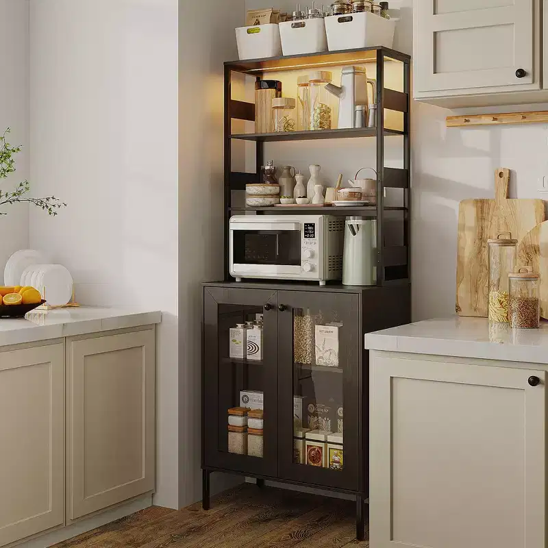67 Tall Coffee Bar Cabinet with Music-Sync RGB LED Lights & Power Outlet - Kitchen Baker's Rack with Glass Doors & Adjustable Shelves