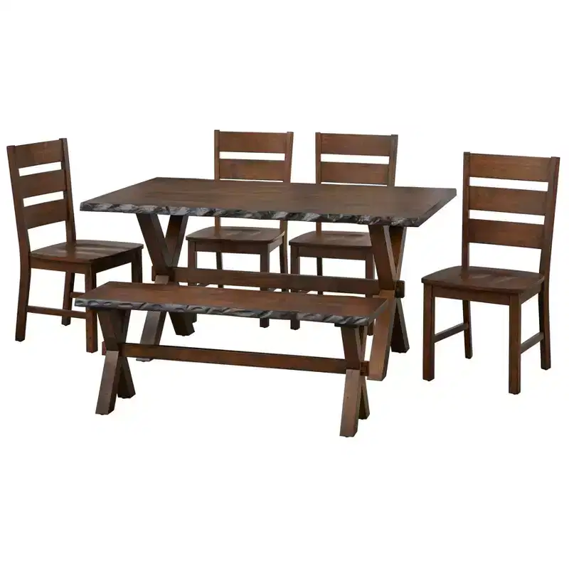 Buylateral 6Pc Mandeville Solid Wood Live Edge Dining Set with Bench Brown: Rubberwood, Ladderback Chairs